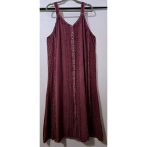 Cute Options Boho Embroidered Button Front Midi Dress Plum Sleeveless Tie O/S